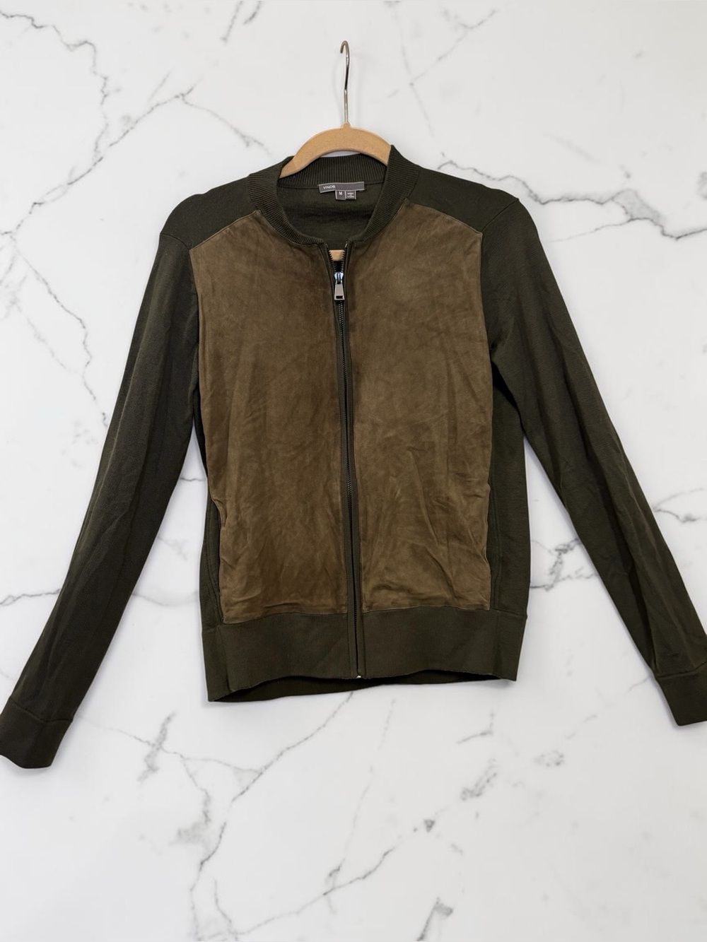 Vince Olive Green Suede-Front Wool Knit Full Zip Jacket Cardigan Women’s Medium